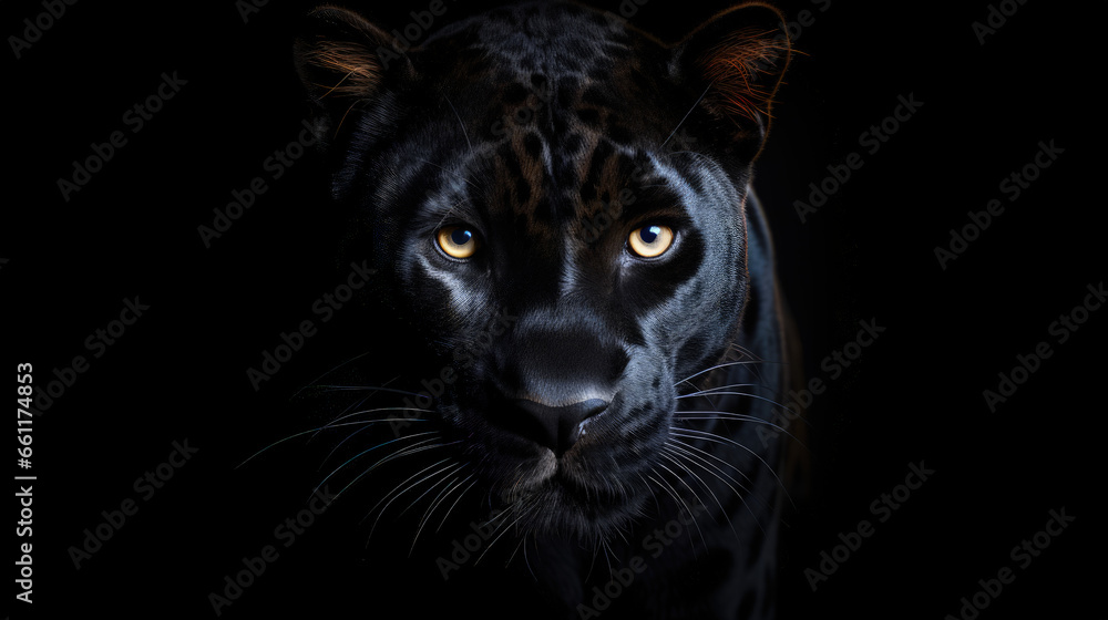 This striking image showcases a Panther in a front view against a black backdrop. Copy Space
