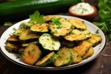 Fried zucchini slices garnished with herbs, served with sauce on a wooden table.