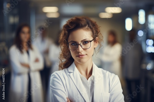 portrait of a confident smiling female doctor or scientist in the hospital