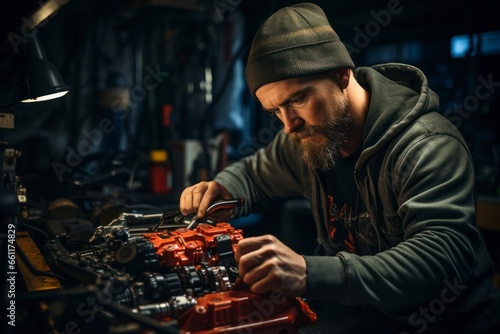 An action shot of a mechanic tighting bolts on a car engine, showcasing the efficiency and skill