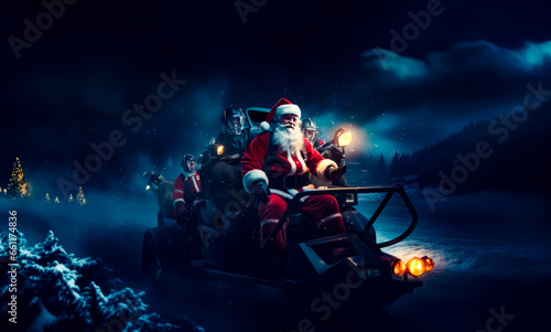 Santa clause is riding on motorcycle in the dark with lights on.