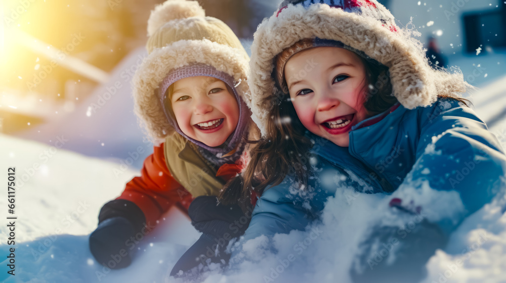 Two young children playing in the snow with snowman in the background. Two young children playing in the snow with snowman in the background.