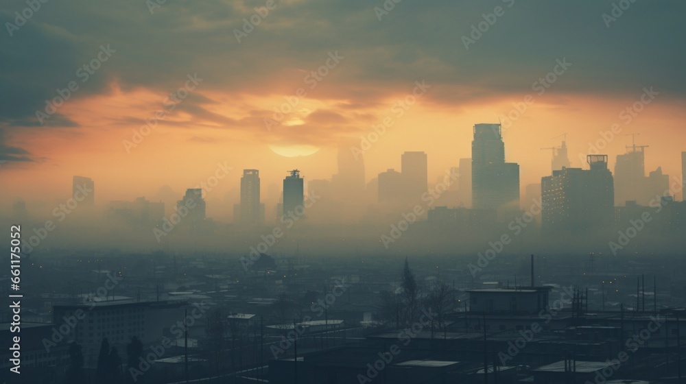 A smog-covered cityscape at dusk with muted colors, showcasing the impact of air pollution on urban life.