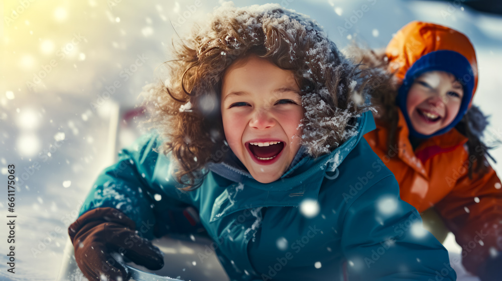 Little girl laughing in the snow with her hands in her pockets and her mouth open. Little girl laughing in the snow with her hands in her pockets and her mouth open.