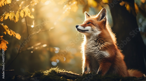 cute fox sitting at the ground of a tree in a idyllic autumn forest