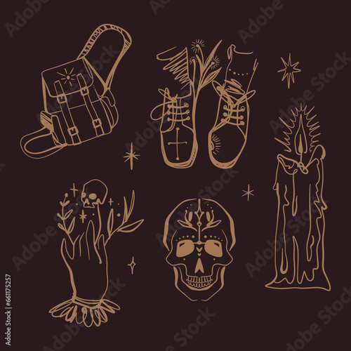 Dark Academia Line Art Illustrations Set Collection School Elements Gothic Mystic Novel