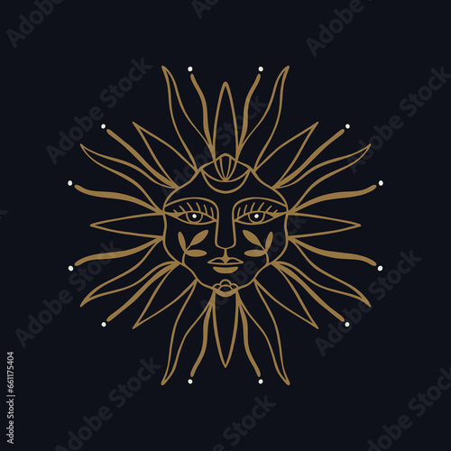 Mystical Sun Face Line Art
