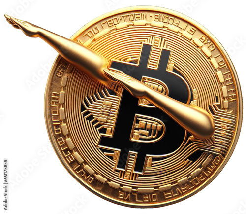 A photo-realistic image of a gold Bitcoin dabbing. The Bitcoin has a “B” in the center with lines radiating out from it. Perfect for anyone who loves cryptocurrency in a fun and unique way.