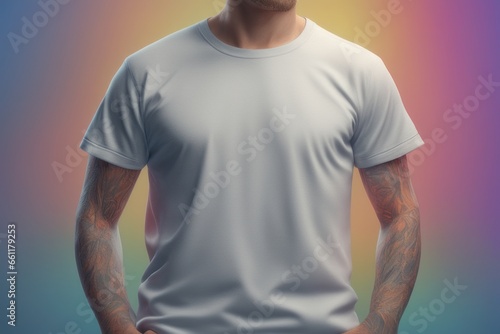 young man with tattoos in white t - shirt standing over grey backgroundyoung man with tattoos in white t - shirt standing over grey backgroundman in shirt against grey background with lights photo