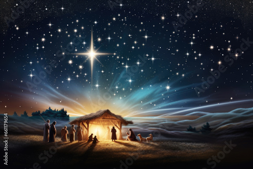Wooden Stable at Dark Blue Starry Night, Jesus Christ Birth Concept with Copy Space