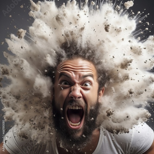 A man with an intense and eccentric expression on his face