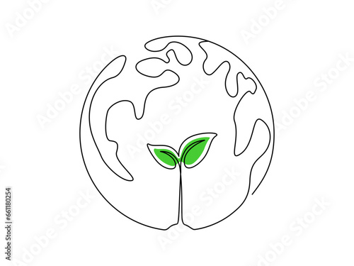 One continuous drawing of World environment day. Icon earth globe with plant sprouted inside in simple linear style. Editable stroke for elegance web banner. Doodle vector illustration