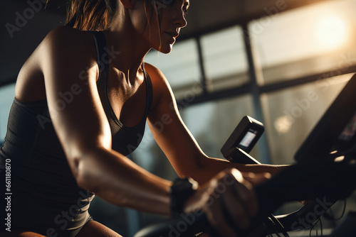 A close-up portrait captures a woman as she engages in cardio exercise on an exercise bike, demonstrating her commitment to health and wellbeing. © B & G Media