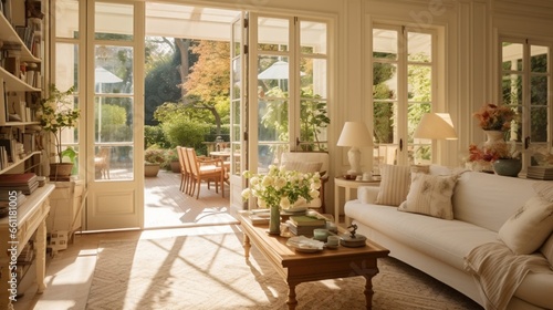 A sunlit living room with French doors leading to a garden terrace.
