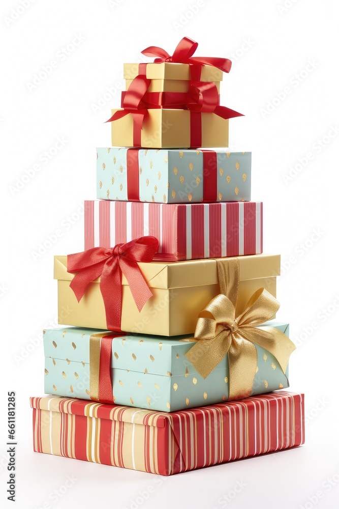 Obraz premium Stack of christmas gift boxes with ribbons isolated on white