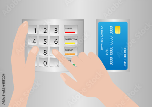 Hand Covering while Typing PIN code or Password on ATM Keypad to Withdraw Money from ATM- Automated Teller Machine. Safety and Security Banking Concept.