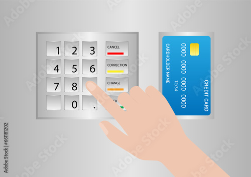 Hand Typing PIN code or Password on ATM Keypad to Withdraw Money from ATM- Automated Teller Machine. Paying and Withdrawing Money Concept.