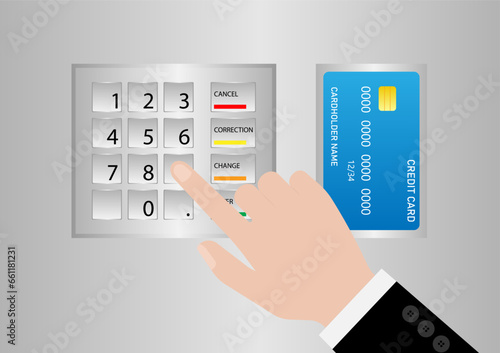Hand Typing PIN code or Password on ATM Keypad to Withdraw Money from ATM- Automated Teller Machine. Paying and Withdrawing Money Concept.