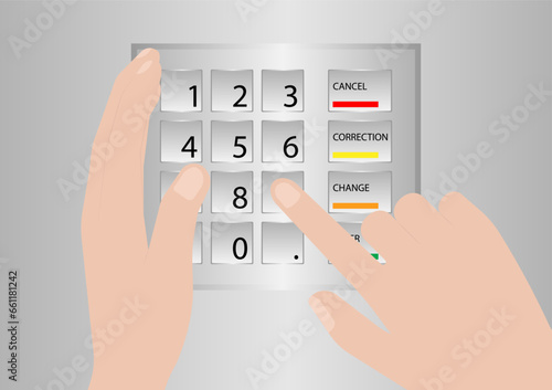 Hand Covering while Typing PIN code or Password on ATM Keypad to Withdraw Money from ATM- Automated Teller Machine. Safety and Security Banking Concept.