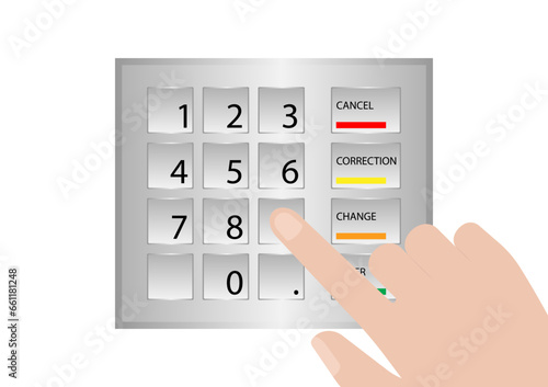 Hand Typing PIN code or Password on ATM Keypad to Withdraw Money from ATM- Automated Teller Machine. Paying and Withdrawing Money Concept.