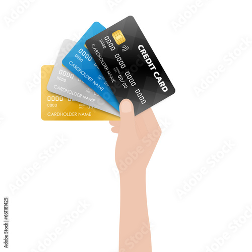 Credit Card. Hand Holding Credit Card or Debit Card. Vector Illustration Isolated on White Background. 