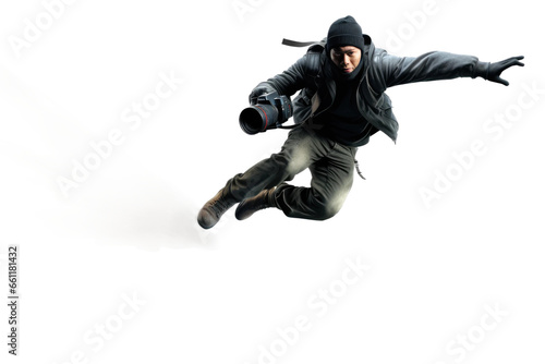 A Photographer Mid Air Pursuit on isolated background