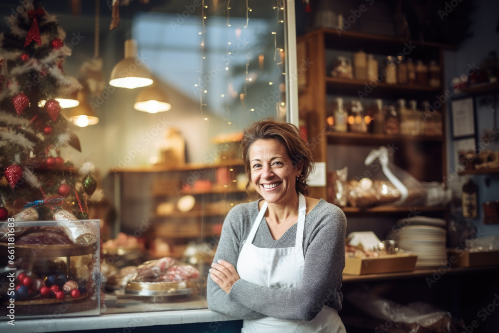 Happy small pastry shop owner, smiling proudly at her store. Cheerful female baker working at her shop Happy small pastry shop owner, smiling proudly at her store. Cheerful female baker working at her shop