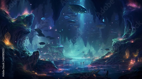a surreal, underwater world with bioluminescent creatures and swirling currents.