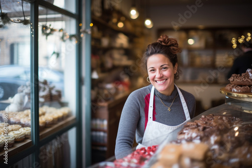 Happy small pastry shop owner, smiling proudly at her store. Cheerful female baker working at her shop photo