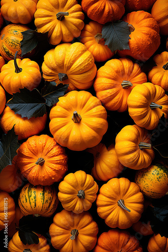 Backgrounds and textures: many colorful pumpkins, seasonal autumn decorative background. Generative AI