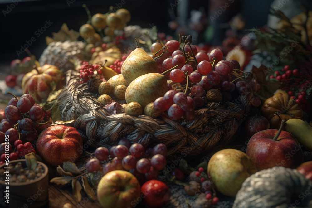 Autumn lay flat, stil life with fruits, fall mood, thanksgiving
created using generative Ai tools