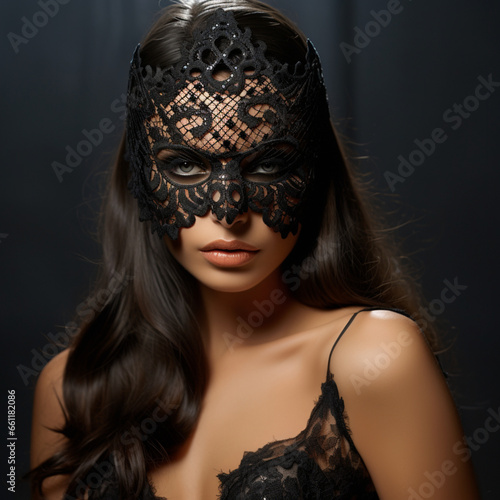 beautiful woman in a black net lace mask and class