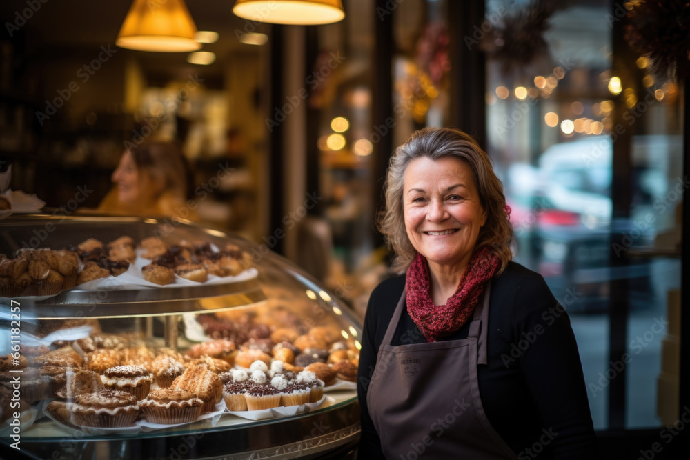 Happy small pastry shop owner, smiling proudly at her store. Cheerful female baker working at her shop