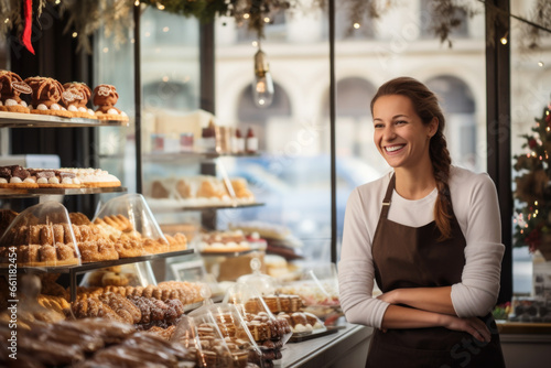 Happy small pastry shop owner, smiling proudly at her store. Cheerful female baker working at her shop photo