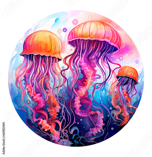 Watercolor pink jellyfish under the water. Ocean in circle illustration on white background.