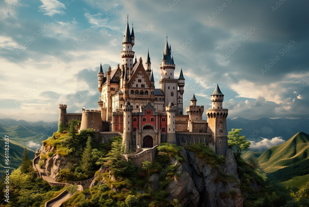 Fairy tale castle in the mountain created with Generative AI technology