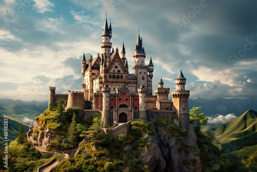 Fairy tale castle in the mountain created with Generative AI technology