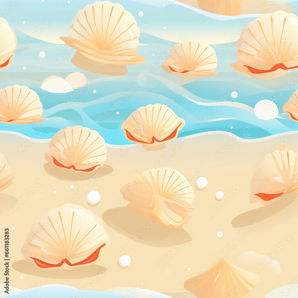 Sea shells, fossils and mollusks repeat pattern. Summer beach cartoon background Sea shells, fossils and mollusks repeat pattern. Summer beach cartoon background