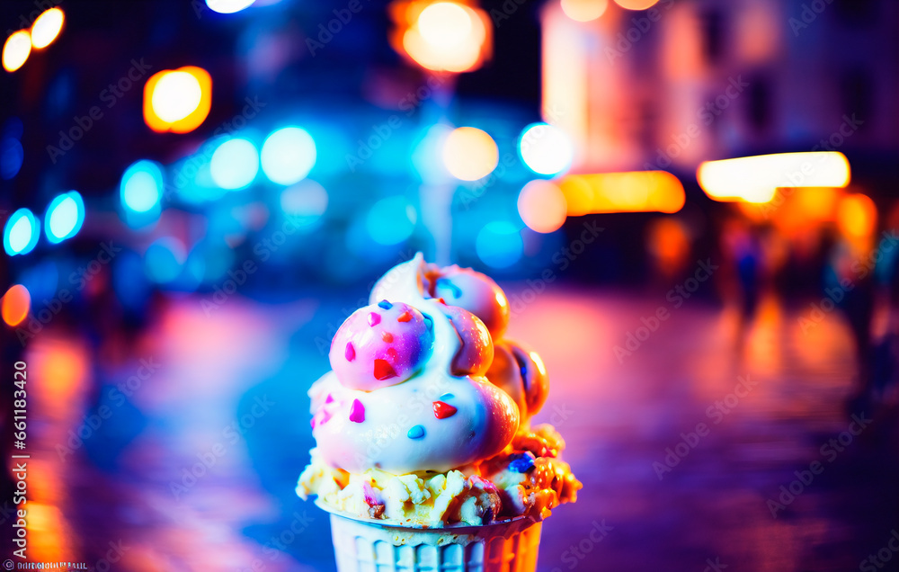 Ice cream cone with blur background of night city street. Selective focus. Ice cream cone with blur background of night city street. Selective focus.