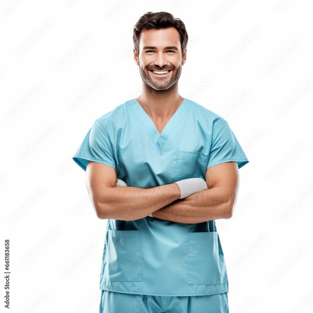 A confident doctor posing with crossed arms in scrubs A confident doctor posing with crossed arms in scrubs