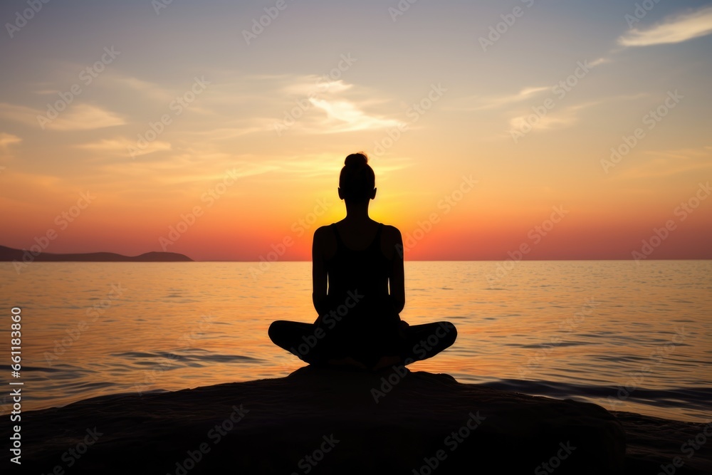 Silhouette meditation girl on the background of the sunset sea