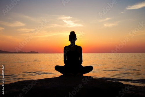 Silhouette meditation girl on the background of the sunset sea
