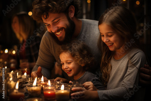 A joyful scene of a family celebrating Hanukkah  lighting the menorah and enjoying traditional foods. Generative Ai.