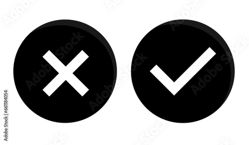 Icon set Checkmark and X. Represent Dos and Don'ts, Good and Bad, Positive and Negative. Ideal for approval & rejection concepts. Tick and cross symbols in black circle. Yes, no, ok, not, wrong icons