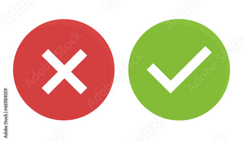 Icon set. Green checkmark, red X. Represent Dos and Don'ts, Good and Bad, Positive and Negative. Ideal for approval and rejection concepts. Green tick and red cross symbols in circle.  Editable vector