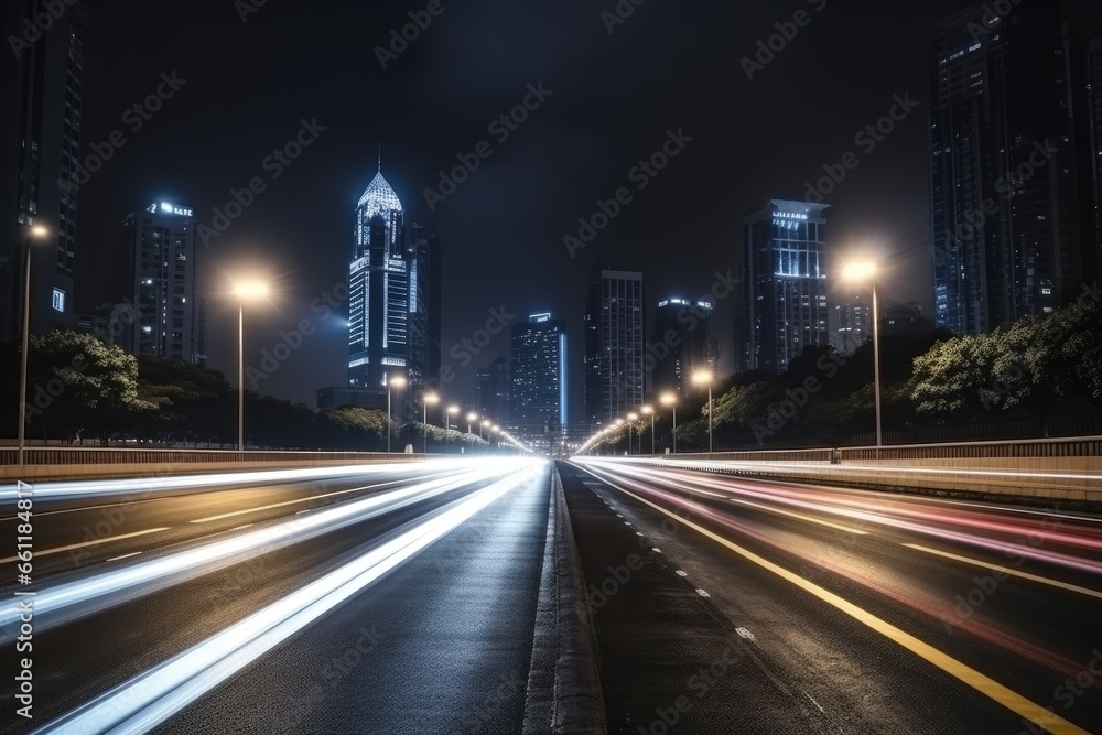Straight asphalt highway passing through the night city