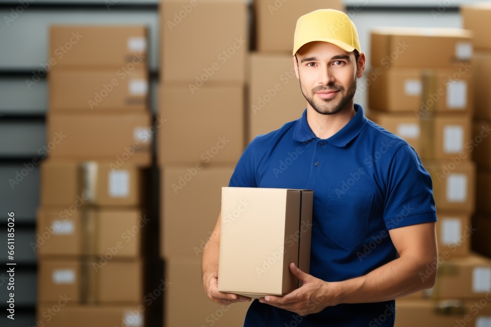 Delivery man with a cardboard boxes in a storehouse. AI generated Delivery man with a cardboard boxes in a storehouse. AI generated