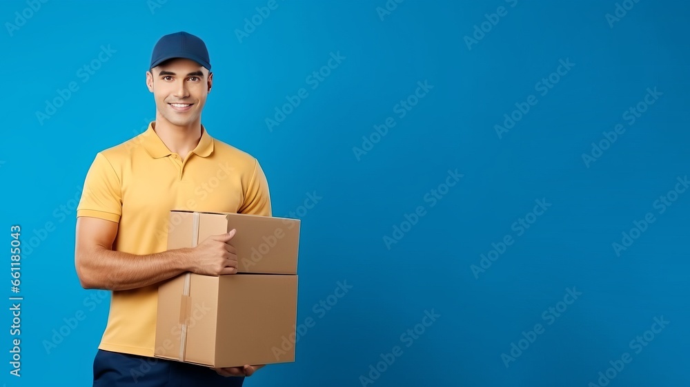 Delivery man with a cardboard boxes. Portrait of happy worker on a simple background with a place for text. AI generated Delivery man with a cardboard boxes. Portrait of happy worker on a simple background with a place for text. AI generated
