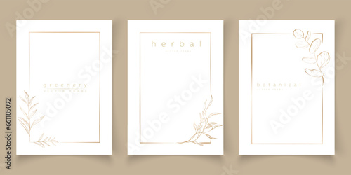 Set of frame templates in minimal linear style with hand drawn branches and leaves. Elegant frame. Botanical vector illustration for labels, corporate identity, wedding invitation, logo, save the date © taniKoArt
