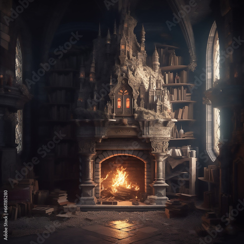 interior of a old castle with a fireplace 